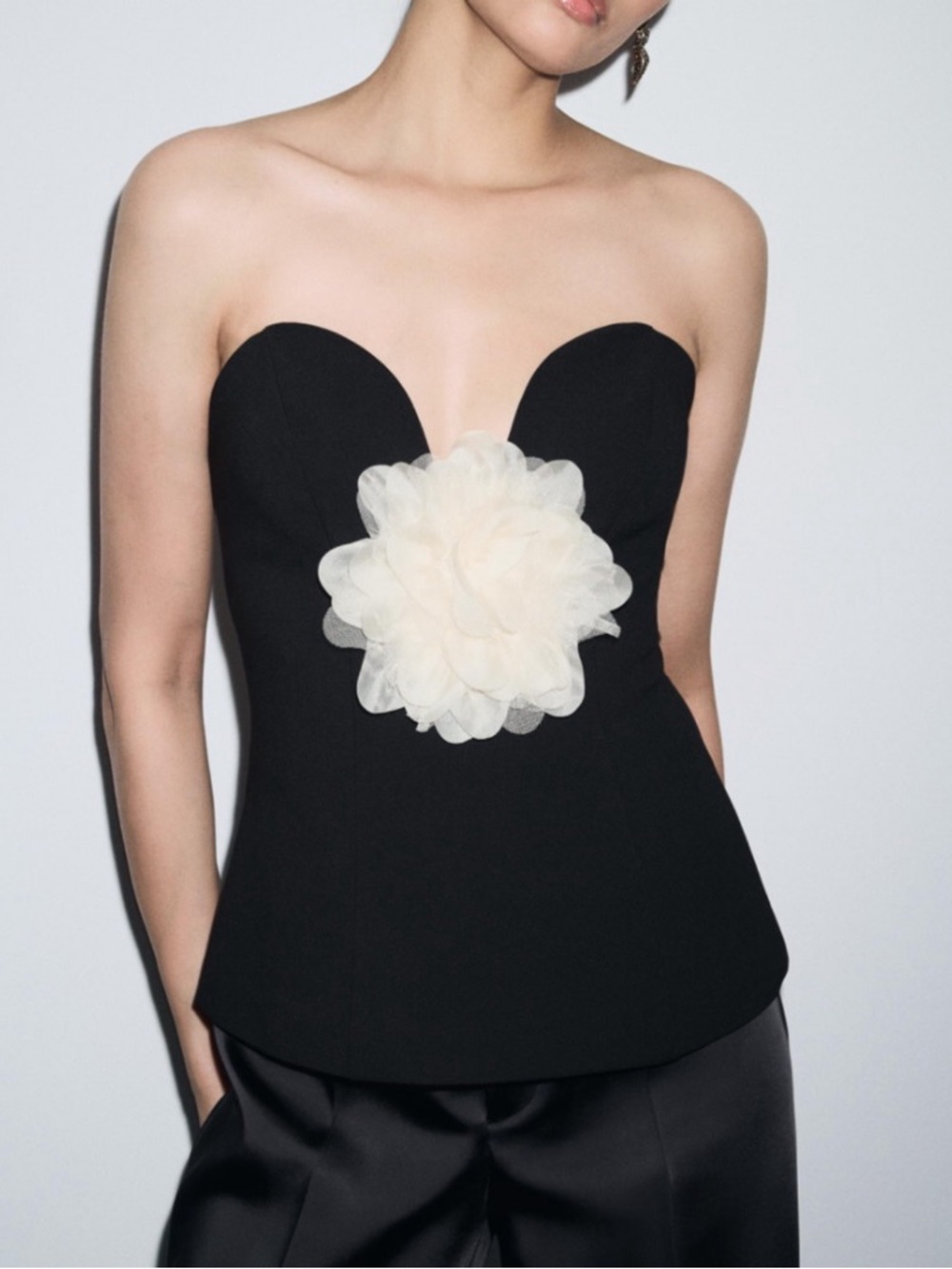 Zara Black Strapless Bustier Top with Cream Floral Detail